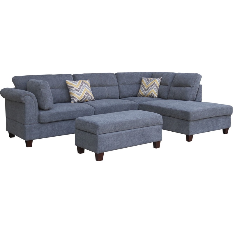 Diego – Sectional Sofa With Right Facing Chaise, Storage Ottoman, And 2 Accent Pillows – Gray