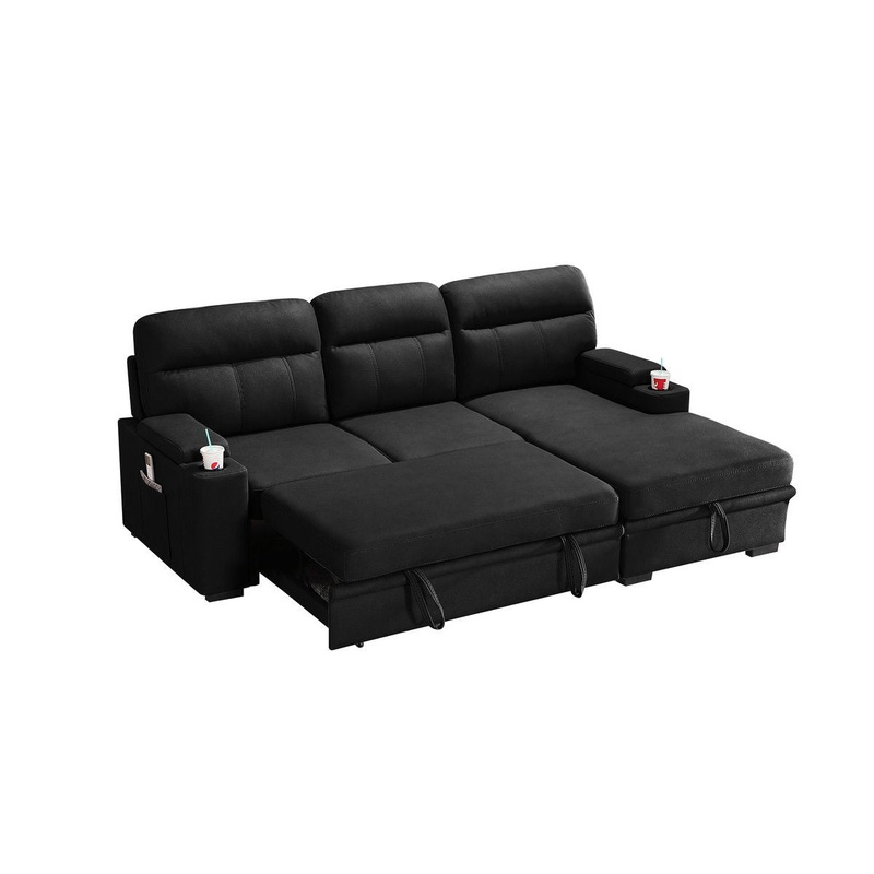 Kaden – Sleeper Sectional Sofa Chaise With Storage Arms And Cupholder – Black