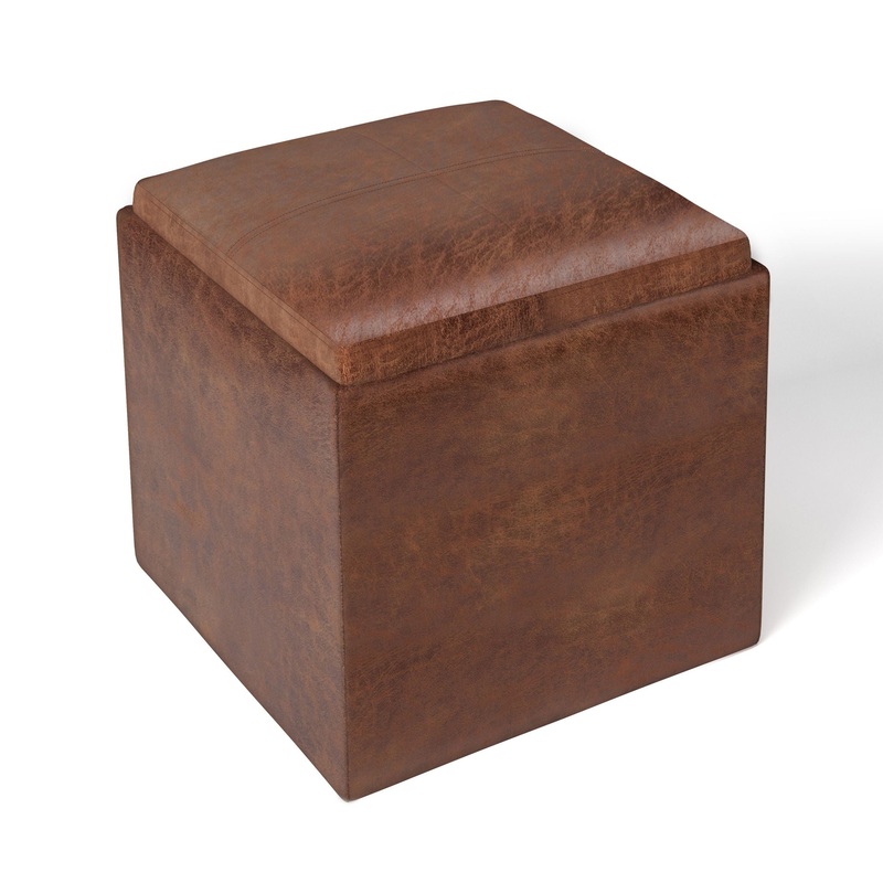 Rockwood – Cube Storage Ottoman With Tray – Distressed Saddle Brown