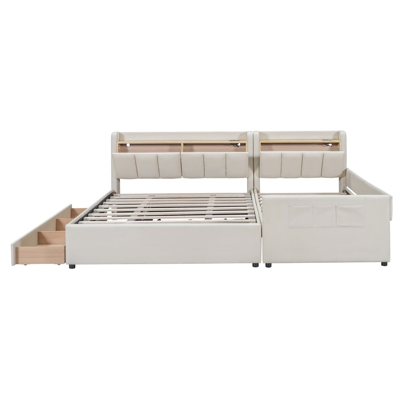 Queen & Twin Long Size Upholstered Platform Bed, Mother & Child Bed With Hydraulic Storage System, Drawer Box, Bedhead Storage Shelf And 2 Pairs Of Sockets & USB Ports – Beige