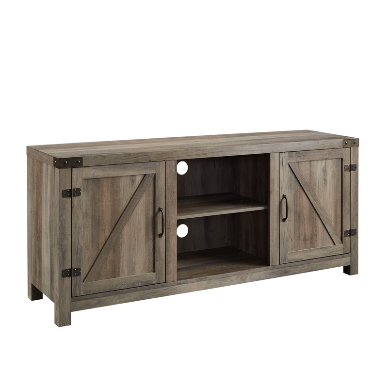 Farmhouse Barn Door TV Stand For TVs Up To 65 – Gray Wash