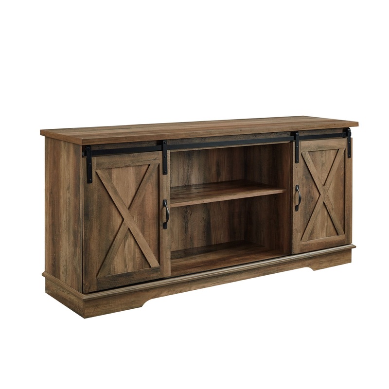 Farmhouse Sliding X Barn Door 58 TV Stand For 65 TVs – Rustic Oak