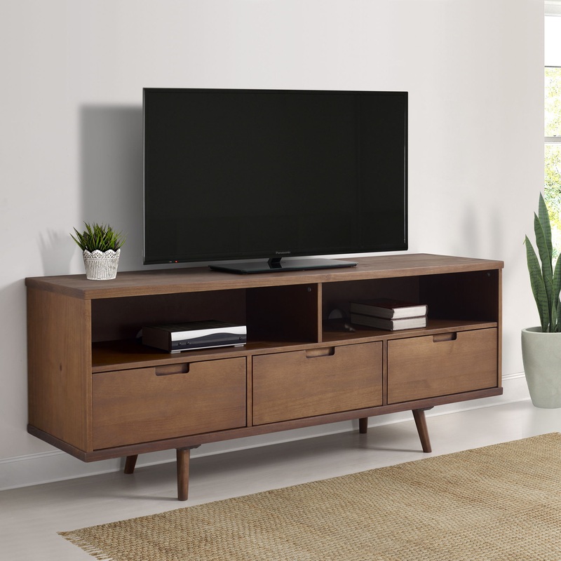 Mid Century Modern 3 Drawer 58 TV Stand For 65 TVs With 2 Open Cubbies – Walnut