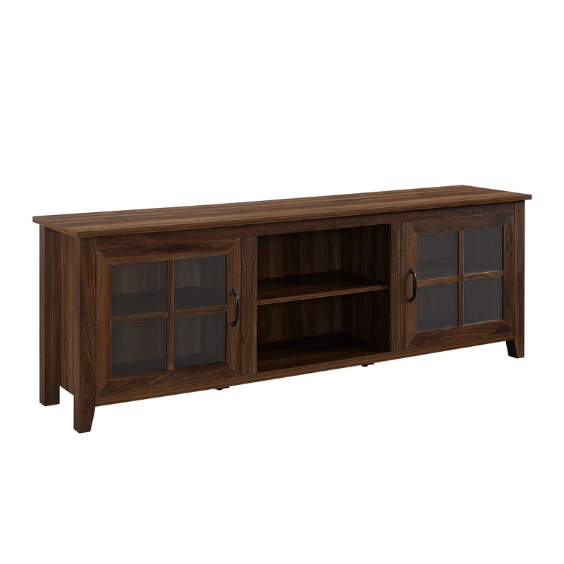 Modern Farmhouse 2 Door Glass Windowpane 70 TV Stand For 80 TVs – Dark Walnut