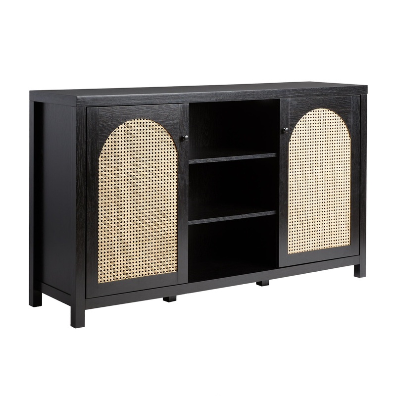 Transitional 2 Door Sideboard With Arched Rattan Panels – Black