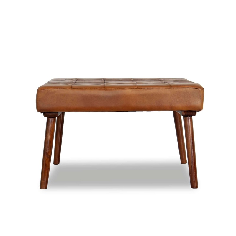 Mark – Mid-Century Tufted Square Genuine Leather Upholstered Ottoman – Light Tan / Rustic