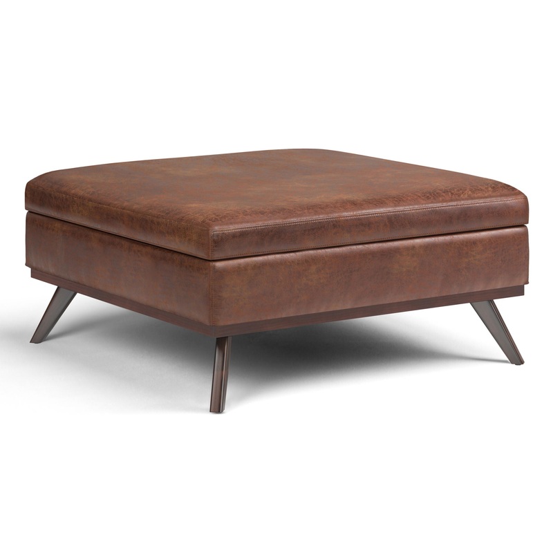 Owen – Extra Large Square Coffee Table Storage Ottoman – Distressed Saddle Brown