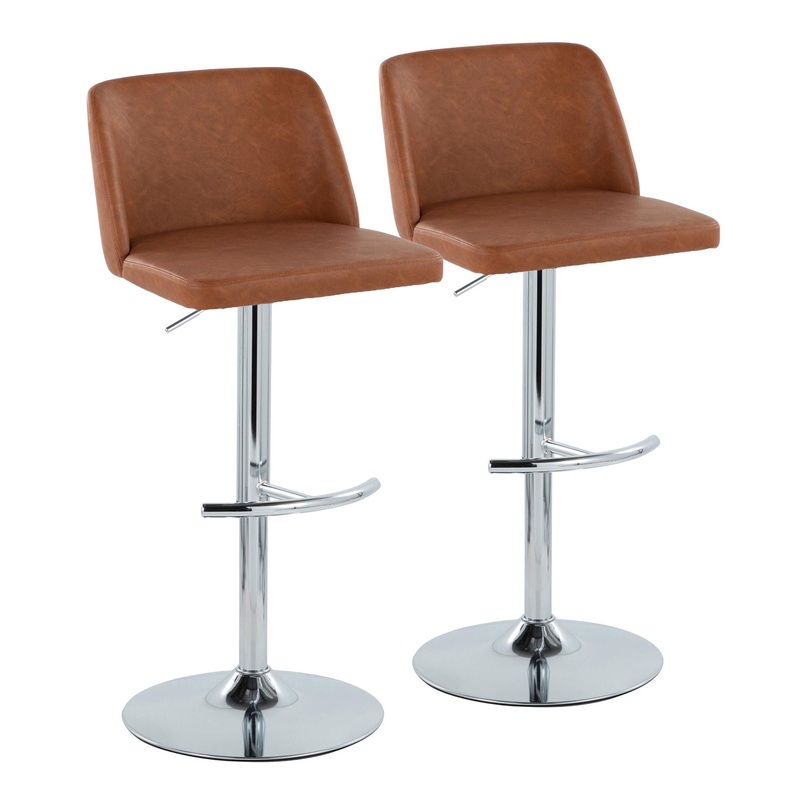 Toriano – Contemporary Adjustable Barstool With Swivel With Rounded T Footrest (Set of 2) – Camel / Chrome