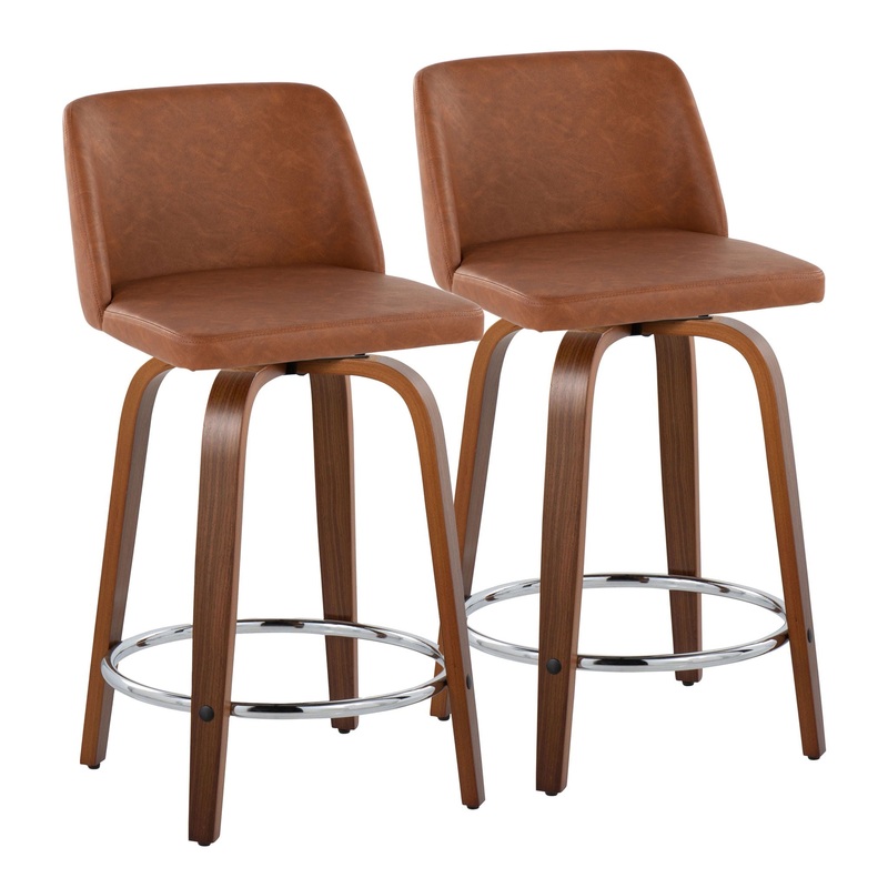Toriano – Contemporary Fixed Height Counter Stool With Swivel With Round Footrest (Set of 2) – Walnut / Camel