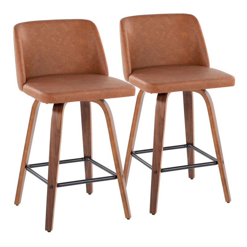 Toriano – Contemporary Fixed Height Counter Stool With Swivel With Square Footrest (Set of 2) – Walnut / Camel