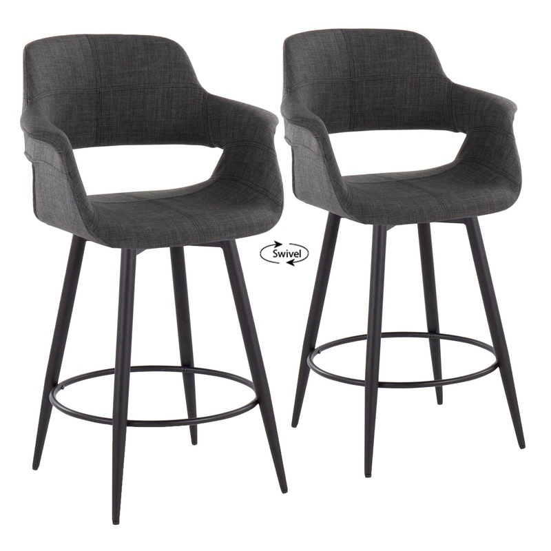 Vintage Flair – Mid-Century Modern Fixed Height Counter Stool With Swivel And Round Metal Footrest (Set of 2) – Matte Black / Charcoal