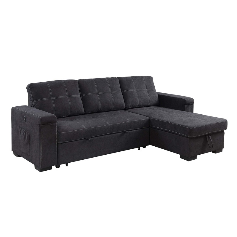 Toby – Reversible Sleeper Sectional Sofa With Storage Chaise Cup Holder Charging Ports And Pockets – Black