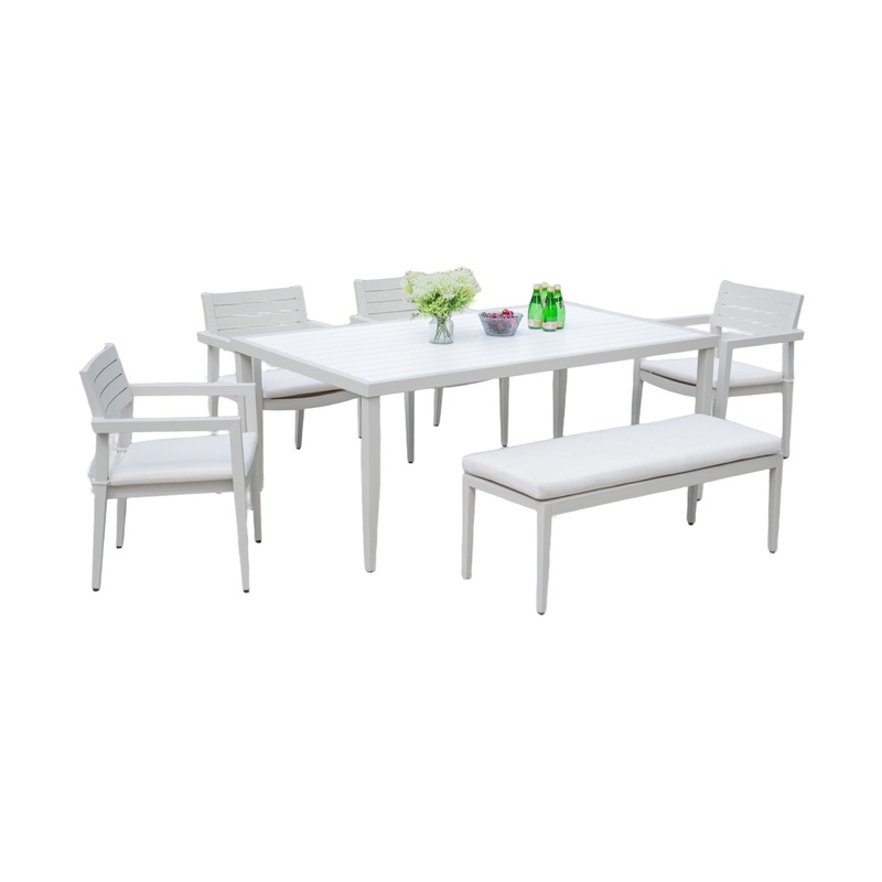 6 Piece Dining Set Modern Outdoor Patio Furniture, 4 Dining Chairs & 1 Dining Bench Sunbrella Fabric And 2 Tone Rectangle Table With Umbrella Hole – Matte White / Grayish