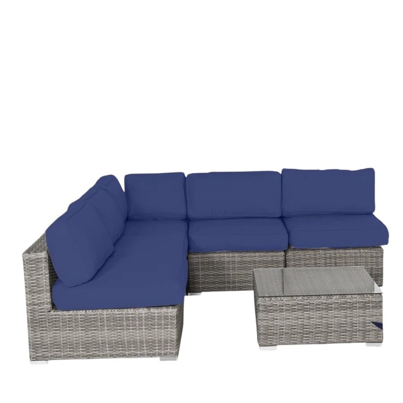6 Piece Wicker Patio Furniture Set With Cushions, All Weather – Gray Mix / Navy Blue