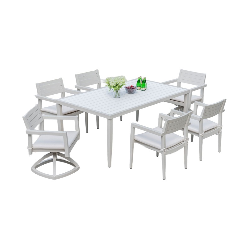 7 Piece Modern Outdoor Patio Dining Set Furniture, 4 Dining Chairs & 2 Swivel Rockers Sunbrella Fabric And 2 Tone Rectangle Table With Umbrella Hole – Matte White / Grayish
