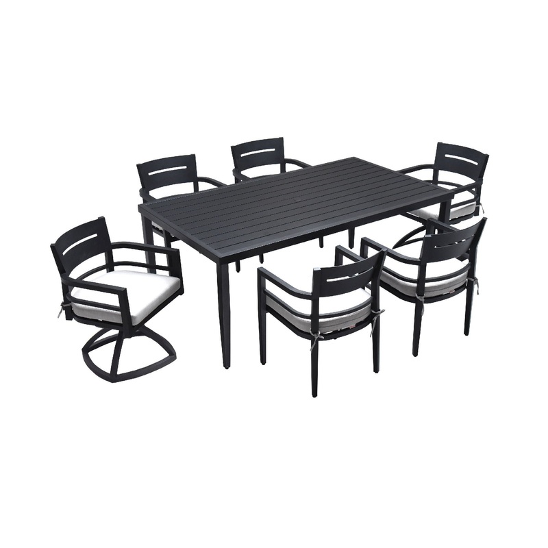 7 Piece Modern Outdoor Patio Dining Set Furniture, 4 Dining Chairs & 2 Swivel Rockers Sunbrella Fabric And Rectangle Dining Table With Umbrella Hole – Ember Black