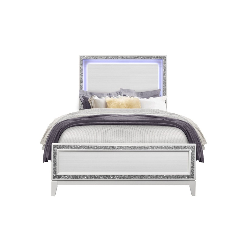 Almera – 5 Pieces Full Bedroom Set With LED Lit Headboard And Glitter Detailing – White