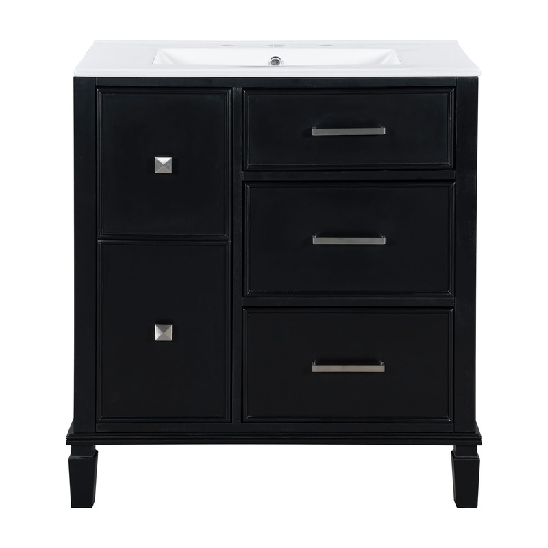 Bathroom Vanity With Ceramic Sink, Flip Out Drawer Design For Plumbing, Soft Close Drawers
