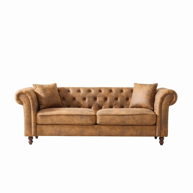 Chesterfield Sofa, High Roll Armrest Sofa, Upholstered Mid Century Modern Couch, 3 Seater Couch – Brown