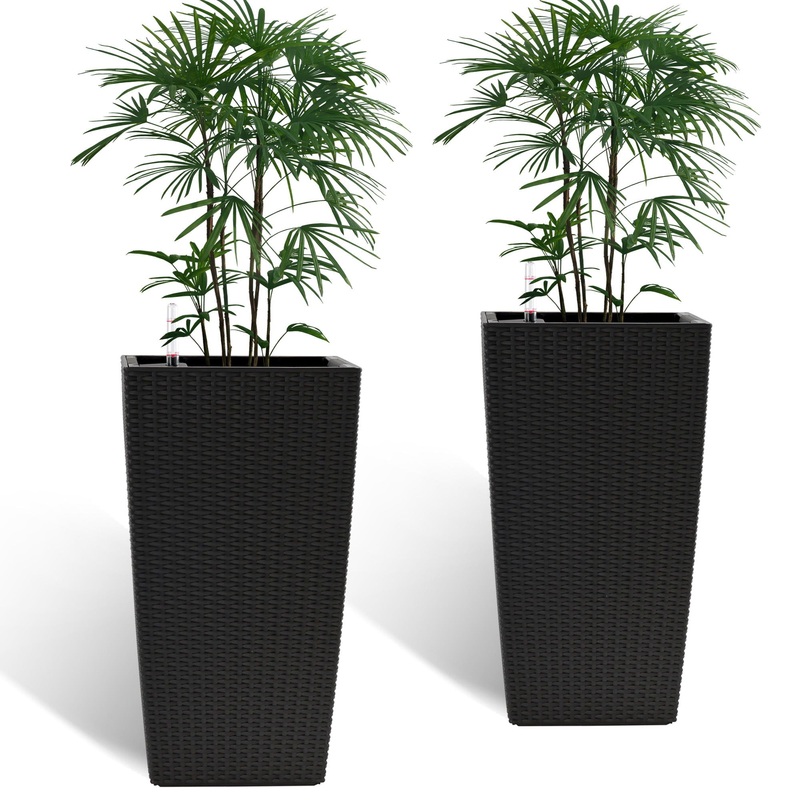 Elegant Square Planter With Automatic Watering System, Faux Rattan Design, Polypropylene (Set of 2) – Black