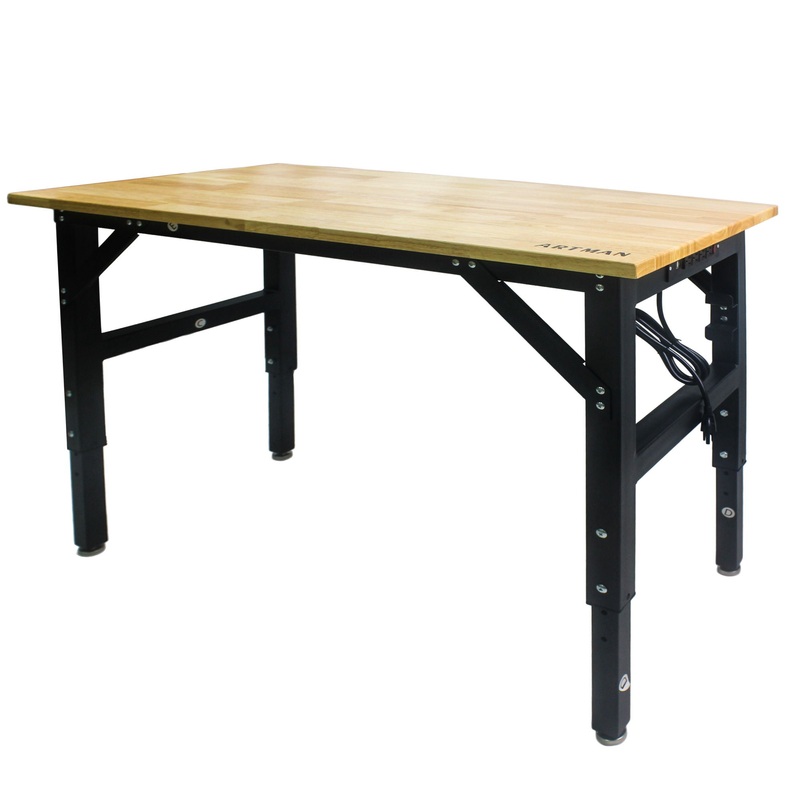 Metal Adjustable Worktable With Socket And Wooden Top – Black