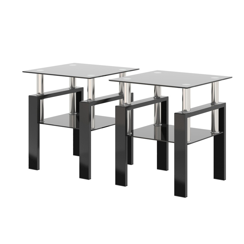 Modern Tempered Glass Tea Table, End Square Table For Living Room (Set of 2) – Black