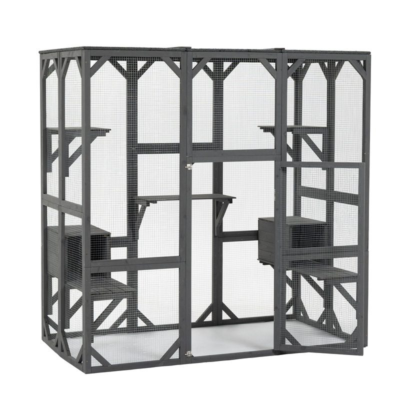 Outdoor Cat House Wooden Catio Enclosure With Cover – Large Cat Cage With Jump Platforms And Condos, Weatherproof – Gray