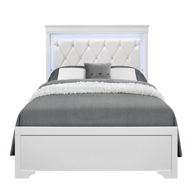 Shaker – Full Bed With LED Lighting And Crystal Inspired Tufted Headboard – White