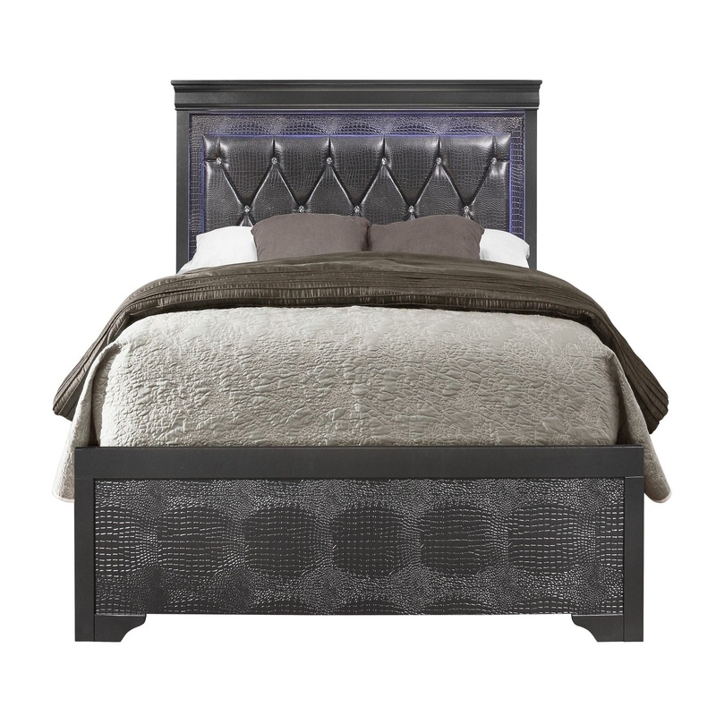 Shaker – Queen Bed With LED Lighting And Crystal Inspired Tufted Headboard – Metallic Gray