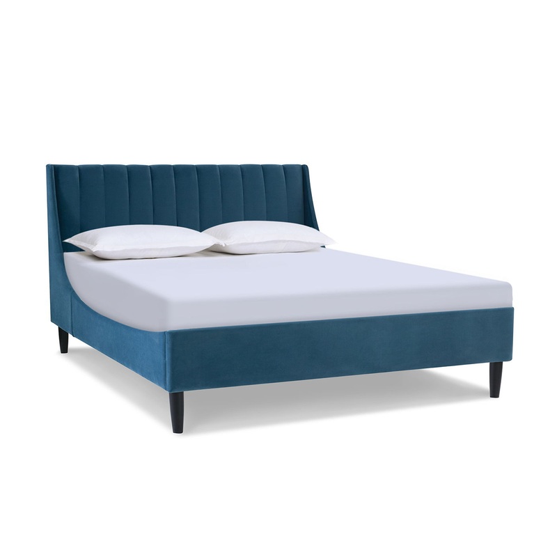 Aspen – Queen Vertical Tufted Modern Headboard Platform Bed Set – Satin Teal Blue