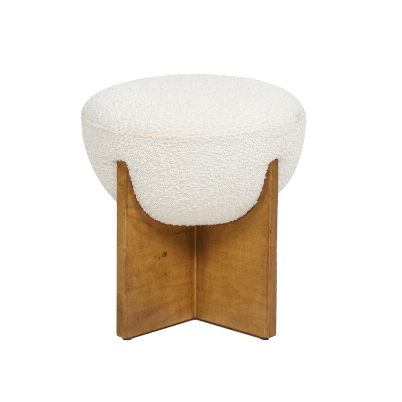 Bali – Round Upholstered Ottoman With Natural Base – Ivory White