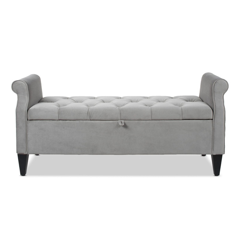 Jacqueline – Tufted Roll Arm Storage Bench – Opal Gray