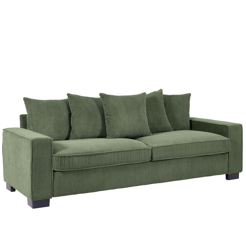 Luxe Corduroy Sofa With 5 Matching Toss Pillows, Sleek Design, Spacious And Comfortable 3 Seater Couch – Dark Green