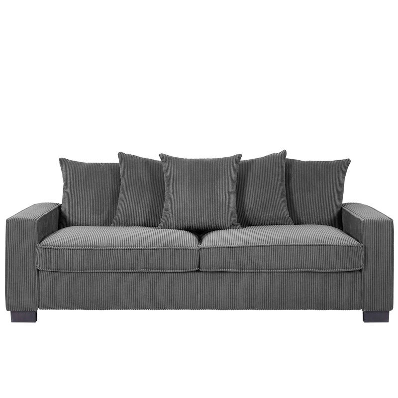 Luxe Corduroy Sofa With 5 Matching Toss Pillows, Sleek Design, Spacious And Comfortable 3 Seater Couch – Gray