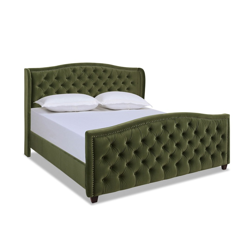 Marcella – King Upholstered Shelter Headboard Bed Set – Olive Green