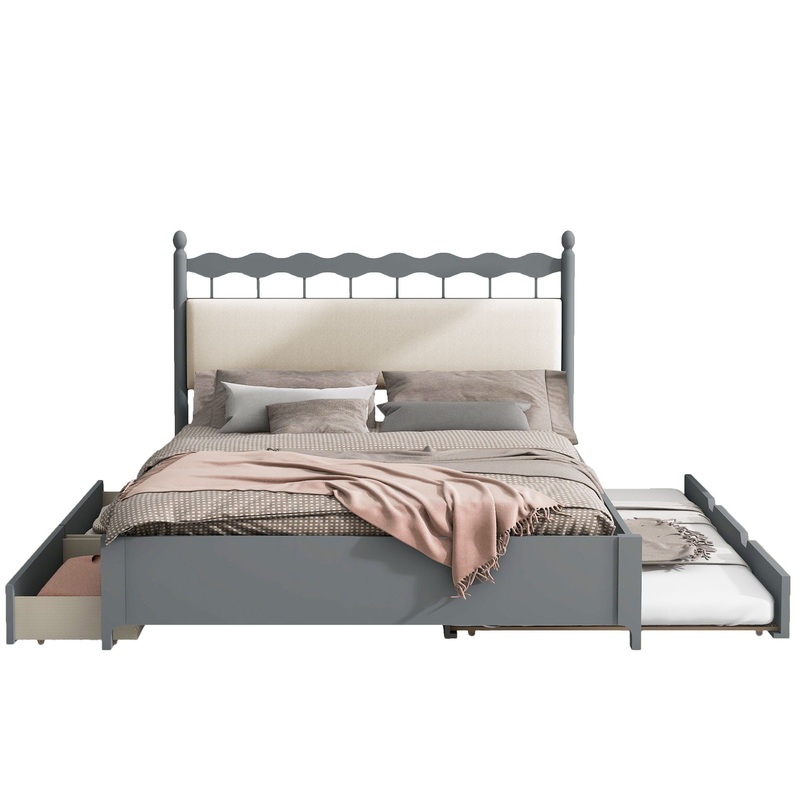 Queen Size Storage Platform Bed With 2 Big Drawers Twin Size Trundle – Gray