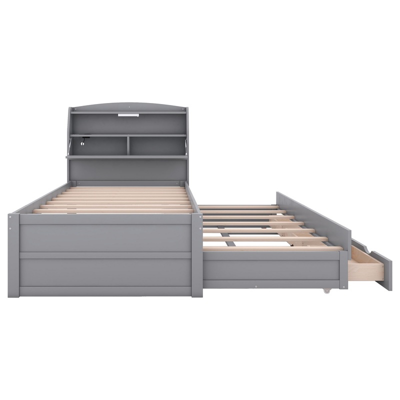 Twin Size LED Platform Bed With Trundle With Storage Headboard With Drawers – Gray