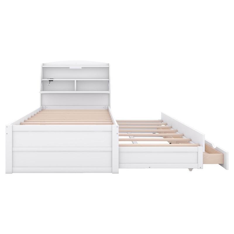 Twin Size LED Platform Bed With Trundle With Storage Headboard With Drawers – White