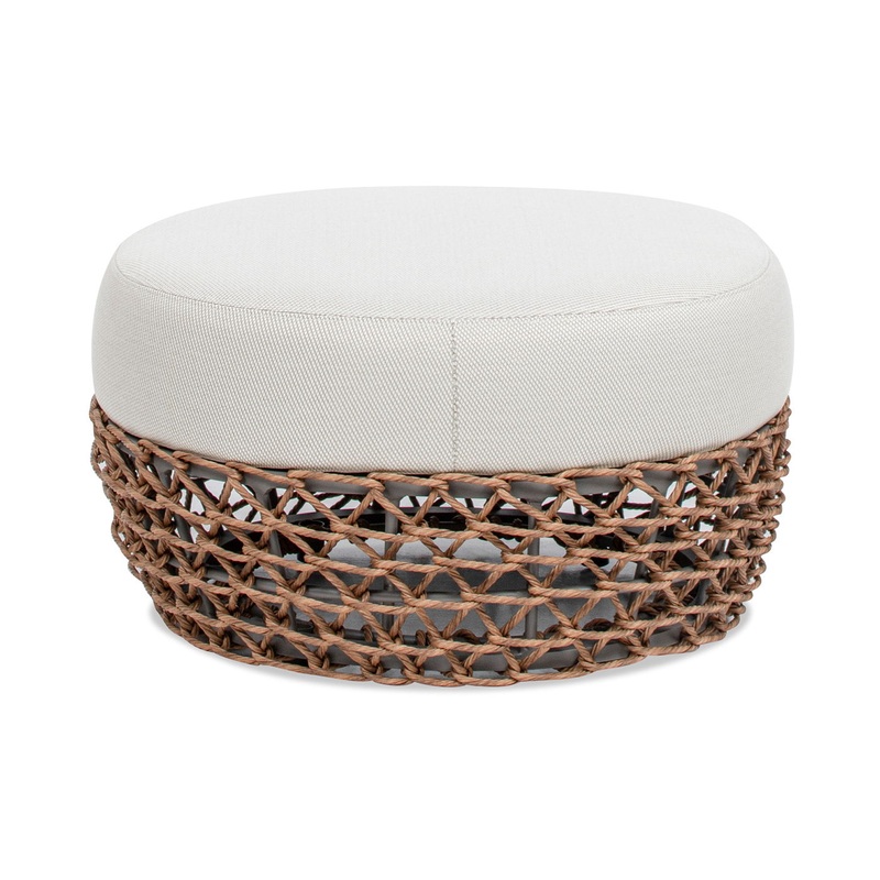 Willow – Round Upholstered Woven Patio Ottoman, Wicker Frame – Wheat Beige / Golden Brown