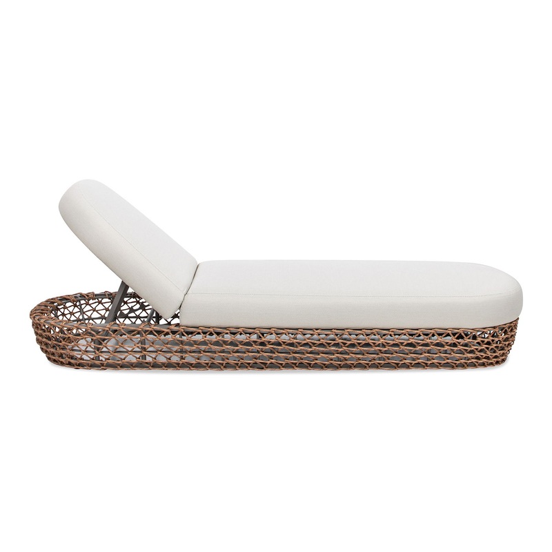 Willow – Sunbrella Upholstered Woven Patio Lounger, Wicker Frame – Wheat Beige / Golden Brown