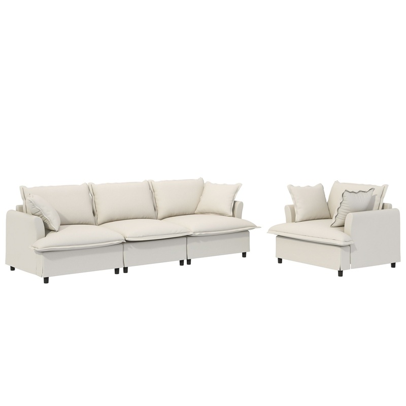 2 Piece Living Room Set With Throw Pillows Sectional Couch Sets, Upholstered 3 Seater Sofa & Armchair 4 Seat – Beige