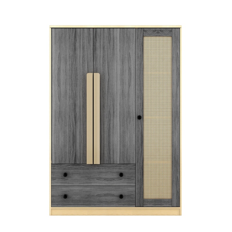3 Doors Rattan Wardrobe Storage For Bedroom, With 2 Drawers – Gray / Nature