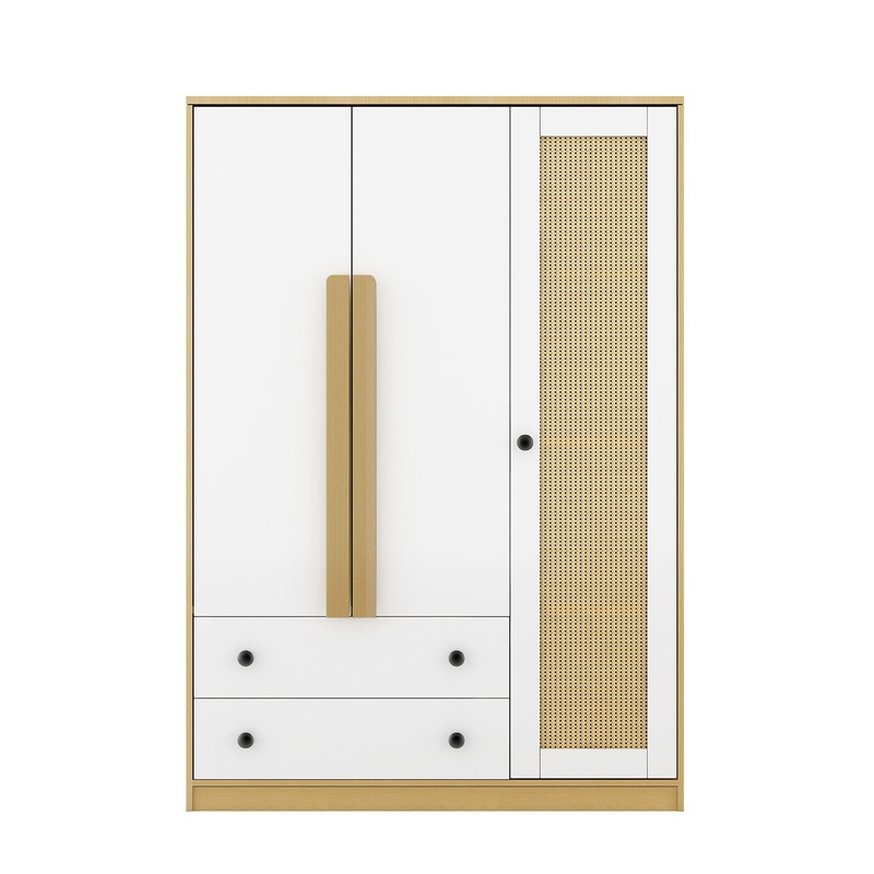 3 Doors Rattan Wardrobe Storage For Bedroom, With 2 Drawers – White / Nature