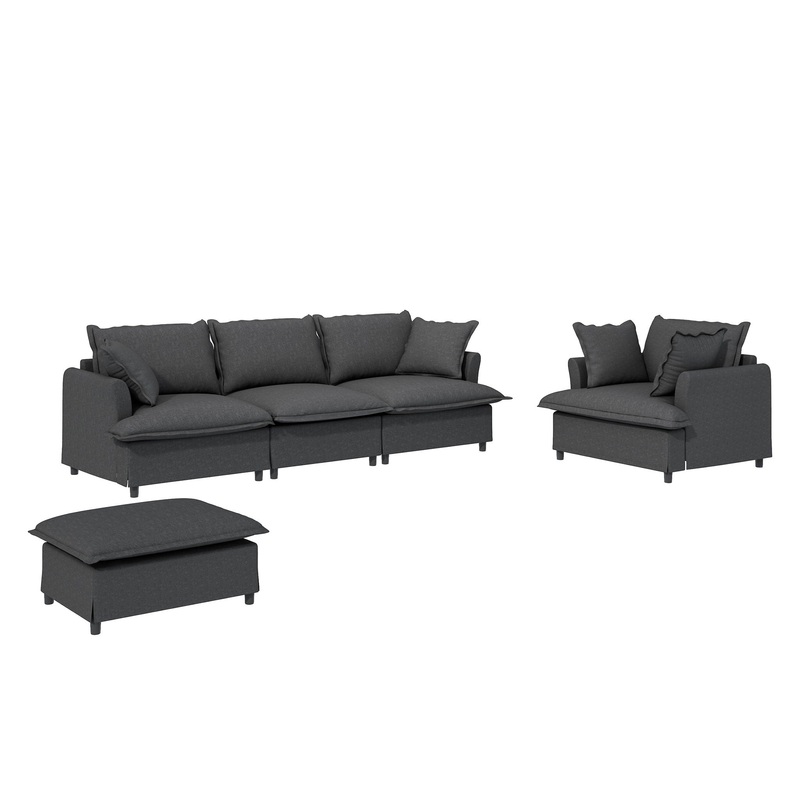 3 Piece Living Room Set Modular L Shaped Sectional Couch Upholstered, 3 Seater Sofa & Armchair & Movable Ottoman 5 Seat – Gray