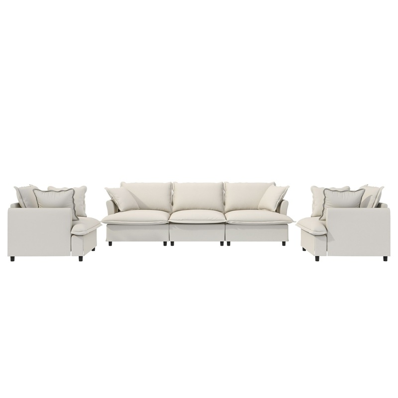 3 Piece Living Room Set Modular Sectional Couch Upholstered 3 Seater Sofa & 2 Armchairs 5 Seat – Beige