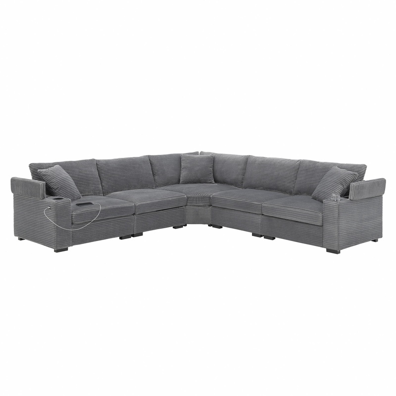Convertible L Shaped Sectional Corner Couch With Armrest Storage Cup Holders USB Charger, Irregular Corner Oversized Comfy Modular Sofa – Beige