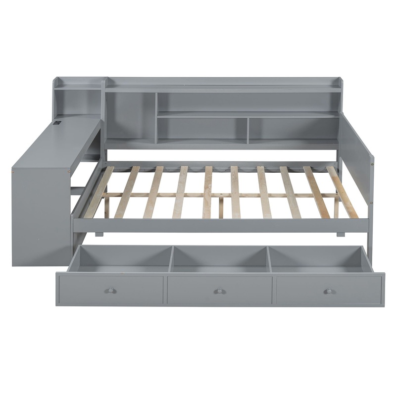 Full Size Daybed With 3 Drawers USB Ports And Desk – Gray