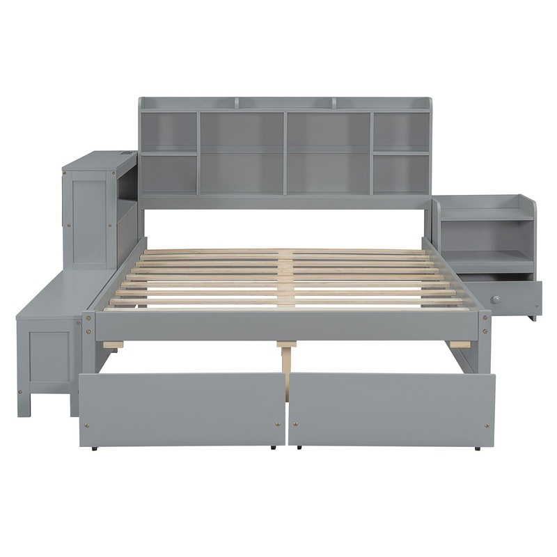 Full Size Platform Bed With Multi Functional Storage Space, Nightstand, 2 Drawers, USB Ports And Desk – Gray