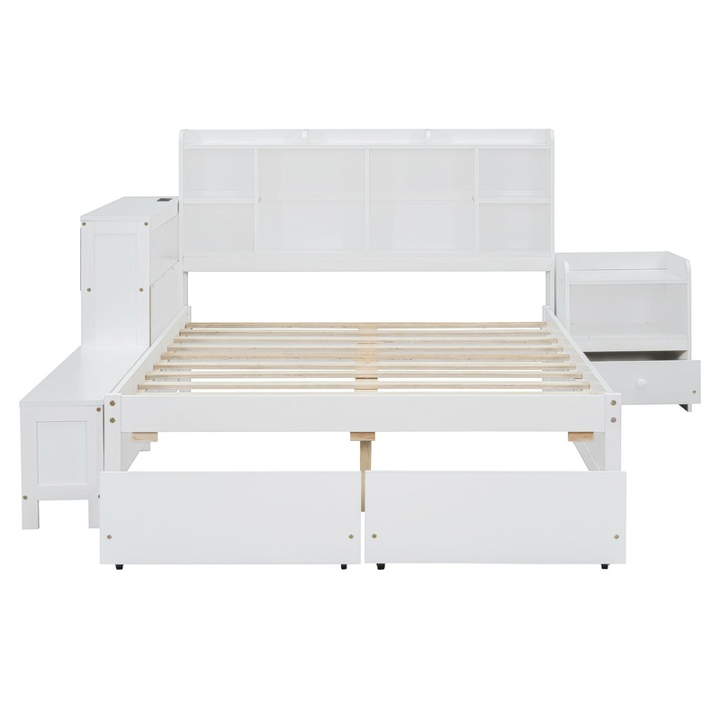 Full Size Platform Bed With Multi Functional Storage Space, Nightstand, 2 Drawers, USB Ports And Desk – White