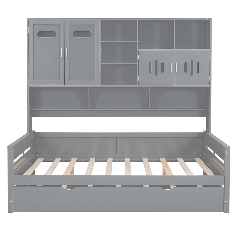 Full Size Wooden Daybed With Twin Size Trundle, And All In One Cabinet And Shelf – Gray